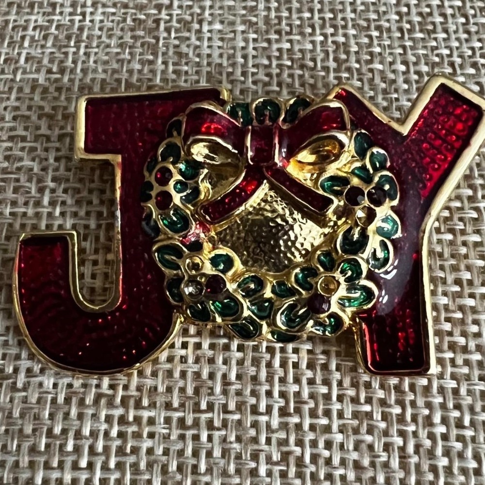 Vintage JOY Christmas Wreath Brooch Pin Red Enamel Rhinestone Small Kitsch